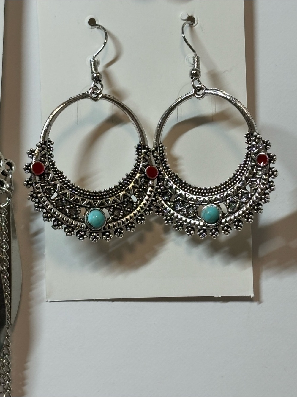 Silver Boho Hoop Earrings with Turquoise and Red Accents, practical magic, whims